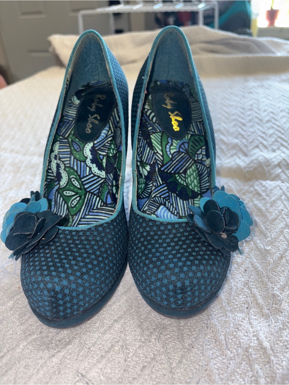 Floral-Applique Teal Women's Heels